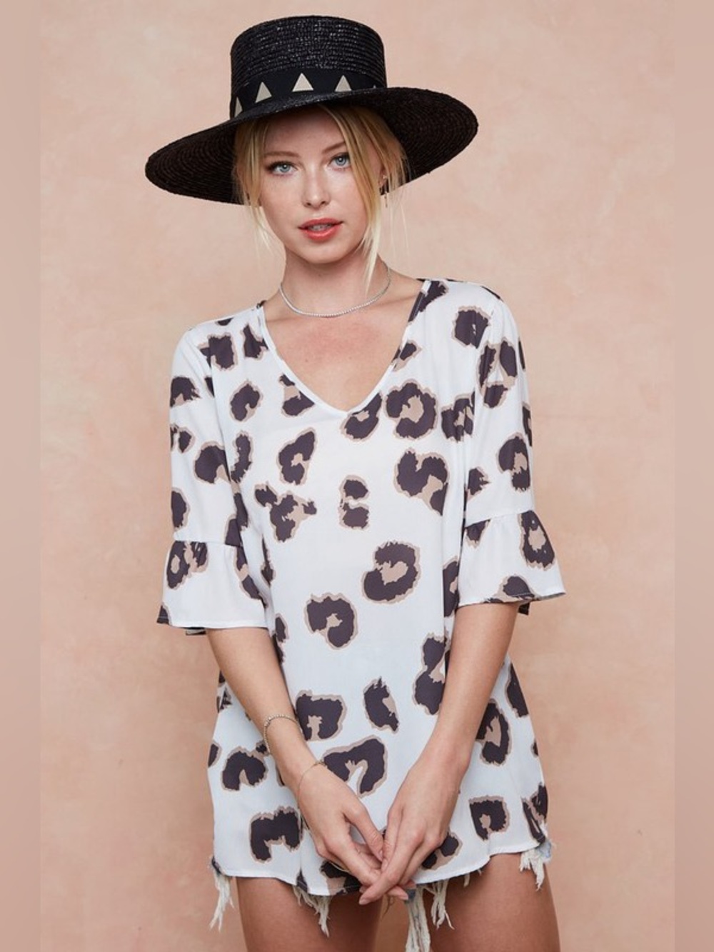 BiBi Leopard Printed V Neck Woven Top with Ruffled